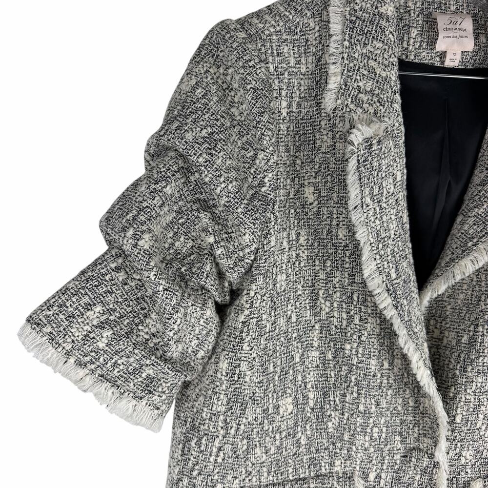 Cinq a Sept Erin Fringed Boucle Tweed Blazer Jacket Black Ivory Size 12 - Picture 7 of 12